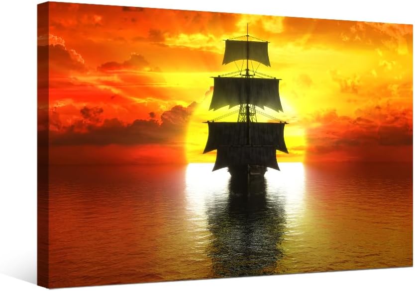 Arte de pared de barco pirata, imágenes de paisaje marino al atardecer, impresiones artísticas sobre lienzo, póster de barco, decoración moderna de