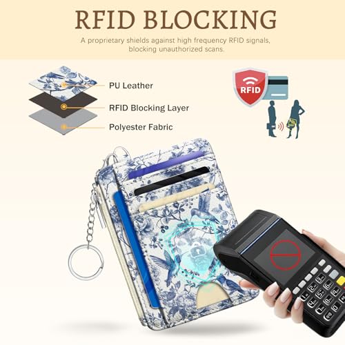 Image of Kelvoris Bird Flowers Credit Card Holder, Small Wallet Women, Slim RFID | Keychain, Zipper Coin Pocket, Front Pocket Thin Travel Card Case, Minimalist, 6 Card Slots, 1 ID Window, Ladies Gifts Woman
