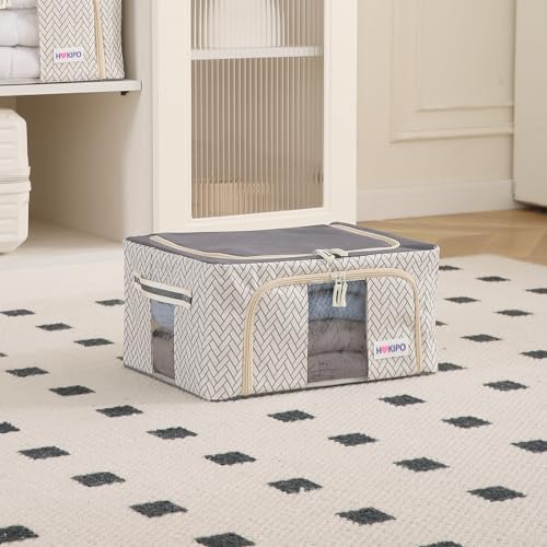 Image of HOKIPO Wardrobe Organizer Storage Box | Foldable Cloth Storage Boxes with Metal Frame & Window | 600D Oxford Fabric | 24L, Pack of 1 Cream Mist (AR-5927-OWHT)