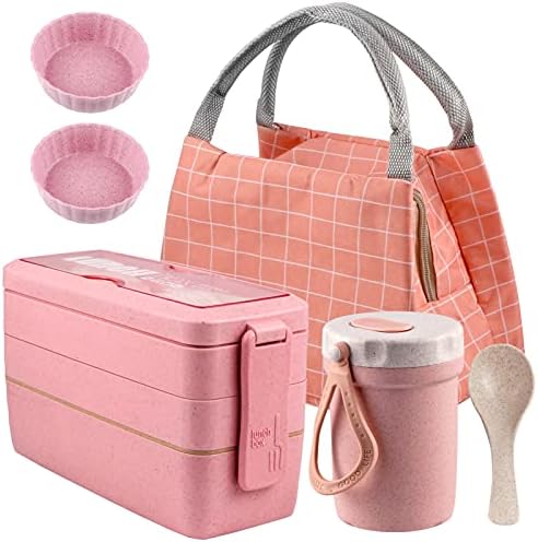 Stackable Bento Box with Lunch Bag, 3 Compartment Japanese Lunch Containers, Wheat Straw, All-in-1 Bento Lunch Box Kit for Adults Meal Prep Lunch Snack by Iteryn