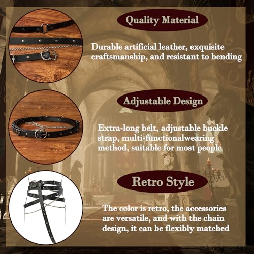 RAINDEWLL Renaissance Belt Women Pirate Medieval Ren Faire Adjustable PU Leather Chain Belt for LARP4