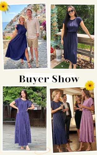 Image of ECOWISH Women Maxi Dresses Cocktail Party Wedding Guest Formal Pleated Long Dress Short Sleeve Slit Empire Waist Evening Gown