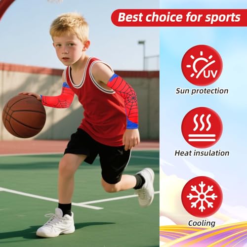 SAVITA 2 Paar Armstulpen für Kinder, Atmungsaktiv und Elastisch Armstulpen im Spinnennetz-Design Roter und Blauer Baseball-Armschutz für Jugendliche