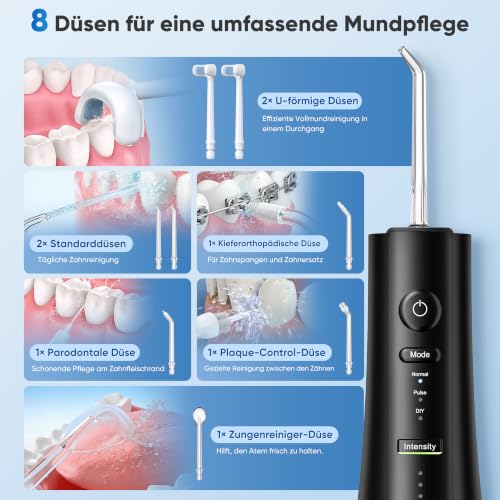 Image of Cordless Water Flosser for Teeth, U-Shaped Tip, 350ml Tank, Black | Plastic body, two-sided tooth cleaning, 3 modes, 40-150 PSI DIY pressure, IPX7-rated, USB-C, 8 tips, adults, braces, travel