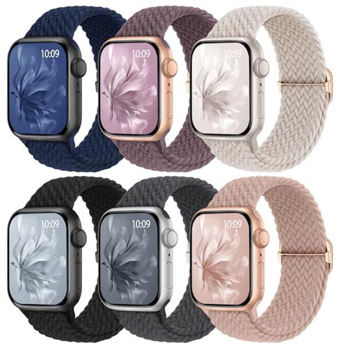Image of 6 Pack Braided Stretchy Bands Compatible with Apple Watch Band 38mm 40mm 41mm 42mm 44mm 45mm 46mm 49mm Women Men, Adjustable Nylon Solo Loop Elastic Straps for iWatch Series 11 10 9 8 7 6 5 4 SE Ultra