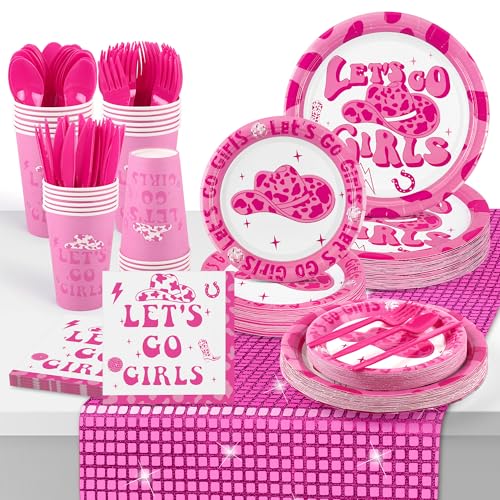 Kochorie 176 Pcs Lets Go Girls Decorations Disco Party Supplies Disposable Plates Napkins Cups Cutlery Table Runner Serve 25 for Cowgirl Disco Wedding Bridal Shower Bachelorette Party