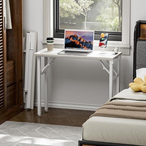 Image of TEMI Small Computer Desk Folding Table - No Assembly, Compact 35.8 inch Foldable Desk with Power Outlets & USB Charging Port, Portable Small Office Desk, Ideal Mini Study Table for Narrow Spaces,White Ash