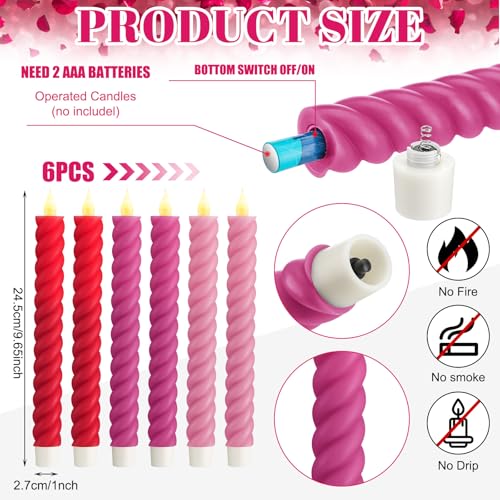 Image of Baquler 6 Pcs Flameless Taper Candle Pink and Red Twisted LED 9.65 Inch Taper Candles Battery Operated Twisted Candlestick for Spring Birthday Home Party Dinner Table Decor