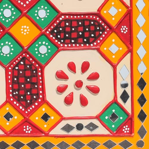 Image of Ethnics of Kutch Traditional Kutch Handicraft Mud-Mirrorwork Lippan Kam Wall Art (Water and Break Resistant) - Square (12 inch x 12 inch) - (Yellow LKT-0284)