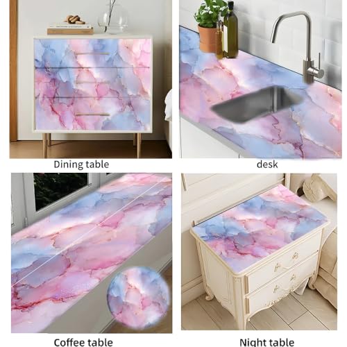 Image of Desk Sticker 39.37 x 23.62 Inch Pastel Ink Marble Texture with Gold Veins Watercolor Cloud Blush Blue Pink Decorative Desktop Cover for Home Office Study Table Art Craft Workspace