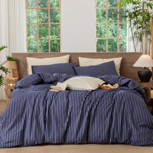 Image of MooMee Striped Duvet Cover Set 100% Washed Cotton Linen Like Queen | Relaxed Linen-like Texture. Soft, Breathable & Long-lasting Comfort. Lightweight. Hidden Zipper with 8 Interior Corner Ties