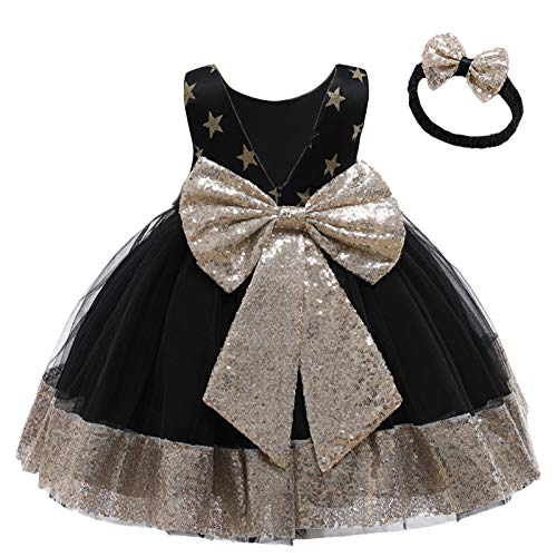 Baby Girls Pageant Lace Dresses Toddler Party Embroidery Baptism Dress with Headwear 1st Birthday Cake Smash Christening Flower Princess Formal Gown Age 0-2 Years Old Sequins-Black 18-24 Months