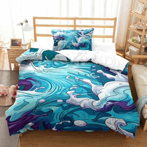 Housse de couette vagues mer microfibre parure lit 3 pièces - 2