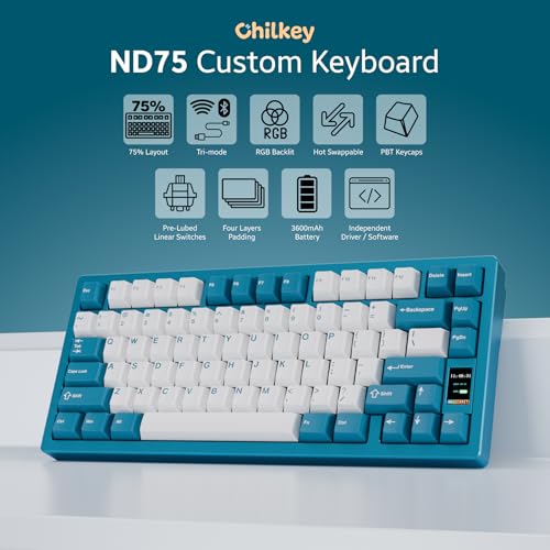 Image of Chilkey ND75 Aluminum Keyboard 75% Percent Wireless Gaming Mechanical Keyboard with LCD Screen, Quick Assembly, BT /2.4G /USB-C, Hot Swappable Per-Key RGB Custom Blue Key Board for Laptop Office PC