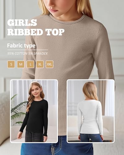 3 Pack Girls Long Sleeve Shirts Ribbed Knit Cotton Layering Tops Slim Fit Crewneck Casual Undershirts - Image 7
