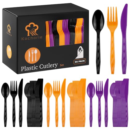 Kochorie 90 Pieces Halloween Plastic Cutlery Set, Black Orange Purple