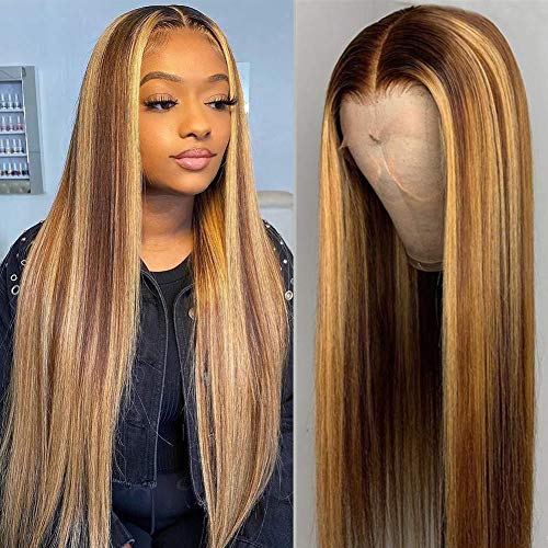 Ombre 4/27 Human Hair Wigs Msgem 18inches Brazilian Straight T Part Wigs for Black Women Highlight HD Lace Front Wigs Human Hair Pre Plucked with Baby Hair 4/27 Color 150% Density