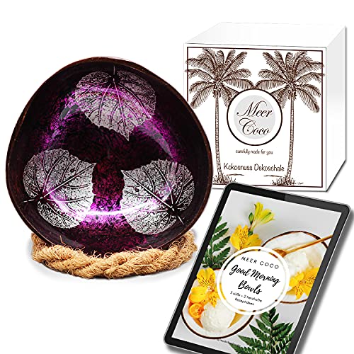 Meer Coco I Pinke Design Kokosnuss Schale I INKL. Rezepte Ebook I Geschenk Set I Kokosnussschale und Schalen Halter I Ideal als Acai-, Frühstück-, Snack- Bowls I Deko Schüssel I Lebensmittelecht Cover