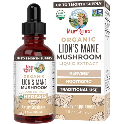 MaryRuth Organics Lions Mane Mushroom Supplement, Up to 1 Month Supply, Nootropic USDA Organic Lions Mane Extract Nervine Herbal Liquid Drops, Brain Health Non-GMO Vegan Alcohol Free Tincture, 1 Fl Oz