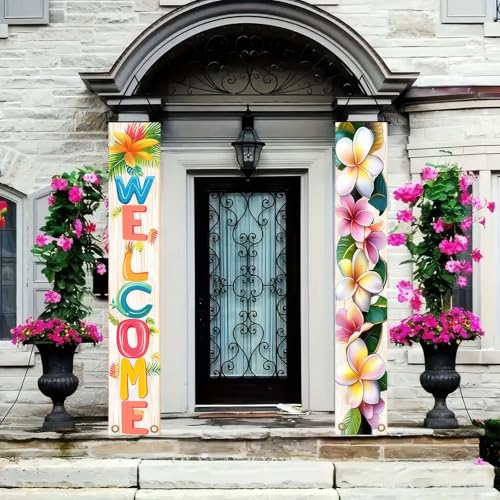 Image of BlissYard 2pcs Welcome Summer Door Banner Porch Sign Hawaiian Decorations Hawaiian Banner Hibiscus Colorful Spring Summer Decor Wall Hanging Banners for Outdoor Home Tropical Party Decor Supplies
