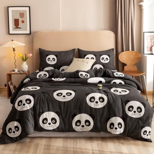 Image of 200 GSM 400 TC Kids Glace Cotton Reversible Cartoon Printed Double Bed King Size Comforter with Matching Bedsheet 90 * 100 with 2 Pillow Covers Set of 4 Pieces (Panda)