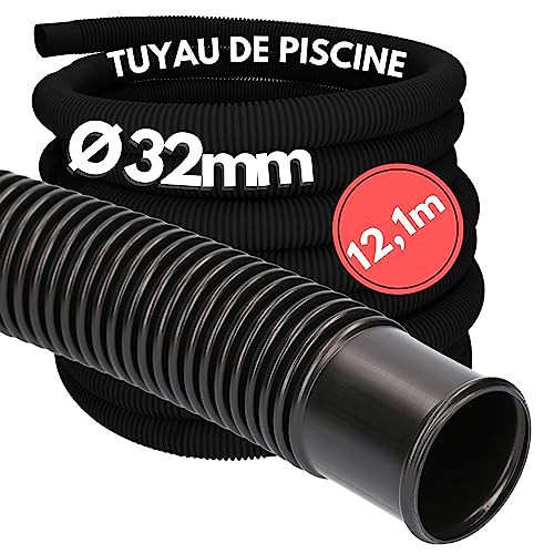12,1 mètres Kalitec tuyau de piscine 32mm, noir Tuyau pour pompe de piscine Made in Germany Résistant au chlore Indéformable Résistant au passage
