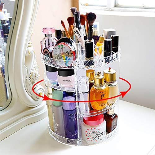VR7 360° Rotating Crystal Beauty Organizer Clear Acrylic Cosmetic Makeup Organiser Storage, Large 3 Tier Stackable Drawer for Displaying Make Up Brushes, Lipsticks, Palettes, Nail Polish, Jewelry