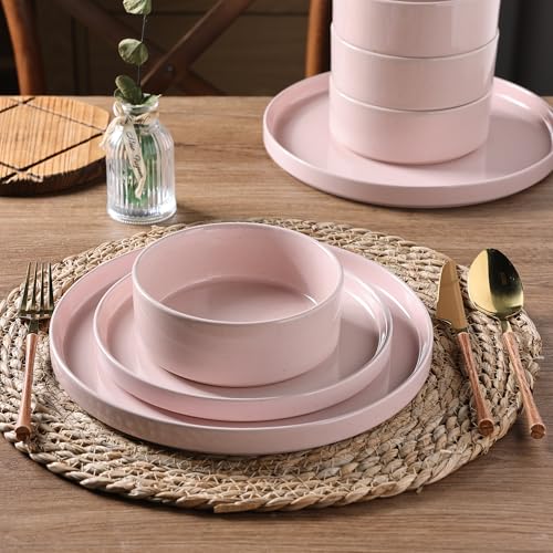 GBHOME Geschirrset für 4 Personen, 12-teiliges Steingut-Set mit gesprenkeltem Design & glasiertem Boden, kratzfest & splitterfest, spülmaschinenfest & mikrowellengeeignet,Rosa