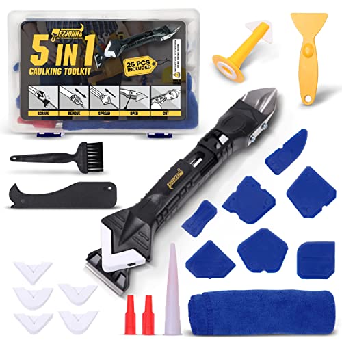 EZJohn 5-in-1 Caulking Tool Kit [25 PCS] In a box, Sealant Remover, Silicone Caulk Tool Kit, Stainless Steel Head, Spatula, Cleaning Brush, DIY Finishing Set for Kitchen, Bathroom, Floor, Window, Sink
