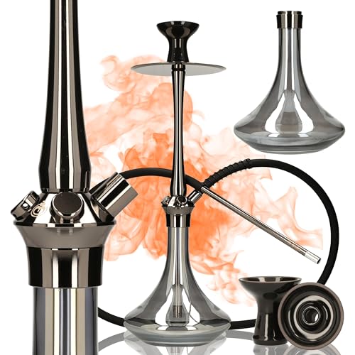 EL-BADIA C7 V2 Hookah 53cm – Set Shisha de Lujo con Base de Vidrio Grueso, Aluminio & Acero Inoxidable, Difusor Reversible, Manguera de Silicona Soft-Touch, Boquilla Metálica 29cm (Shiny Carbon)