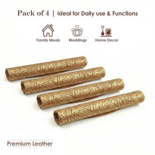 Image of Kuber Industries 4 Pcs Set Leather Round Side Table Mats | Washable Placemat /Dining Table Mat for Wedding and Family Functions | Leaf Design - Golden