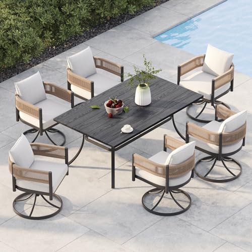Image of Grand patio Outdoor Dining Set, 7-Piece Patio Table and Chairs Set, Metal Woven Wicker Swivel Patio Chairs with Thickened Cushions & 1 Rectangular Woodgrain Dining Table with Umbrella Hole (Natural)