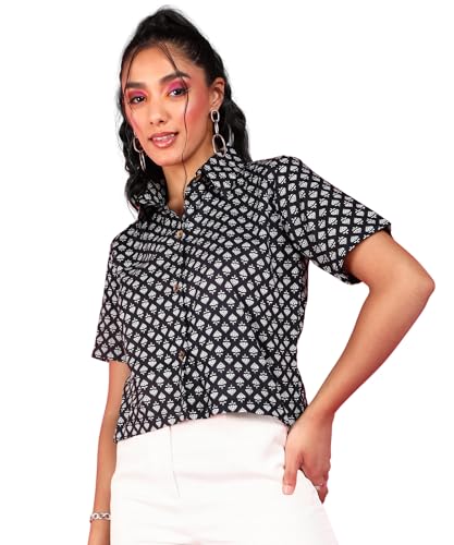 Image of POPWINGS Ethnic Printed Cotton Half Sleeves Regular Fit Crop Shirts for Women Stylish Western Casual Wear