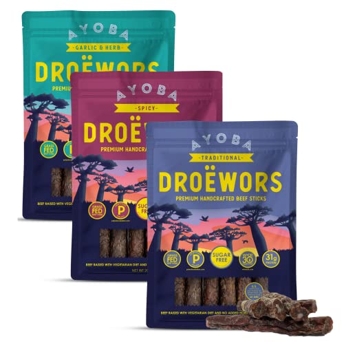 Ayoba Droewors Grass Fed Beef Paleo Sticks Variety Pack (2 Ounce, Pack of 3) - Keto Friendly, Air-Dried Beef, Protein Sausage Snacks - Low Carb, Gluten Free, Nitrate Free, No Sugar, Meat Snacks