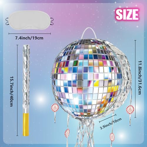 WERNNSAI Disco Ball Piñata - Disco Party Decoration Pull String Mirror Piñata with Bat and Blindfold for Adult Birthday Party Supplies - Thumbnail 4
