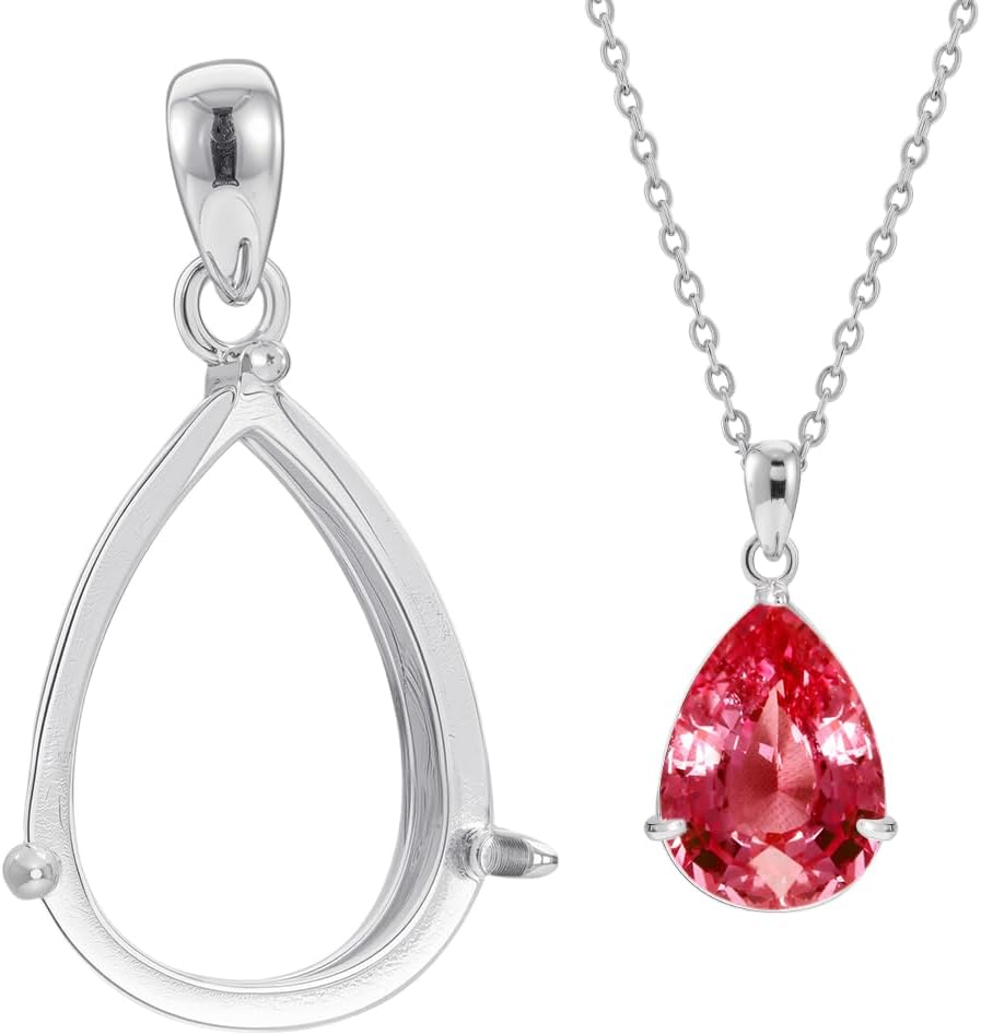 BENECREAT 925 Sterling Silver Teardrop Cabochon Bezel Prong Pendant Settings, Pendant Base Tray for 10x14.5mm Jewelry Making