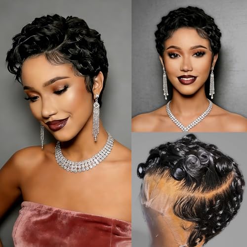 Short Curly 13X4 Lace Front Pixie Cut Wigs 100% Human Hair for Black Women Curly Deep Wave 13x4 HD Lace Front Wigs Pre Plucked Glueless Wig Finger Wavy Natural Look Daily Wear Mommy Wig Black