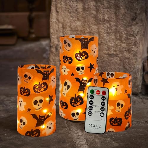 Image of Flickering Flameless Candles Halloween Pumpkin Ghost Print, Embedded Star String Lights, Battery Operated Acrylic LED Pillar Candles with 11-Key Remote and Timer for Home Decoration, 3 Pack