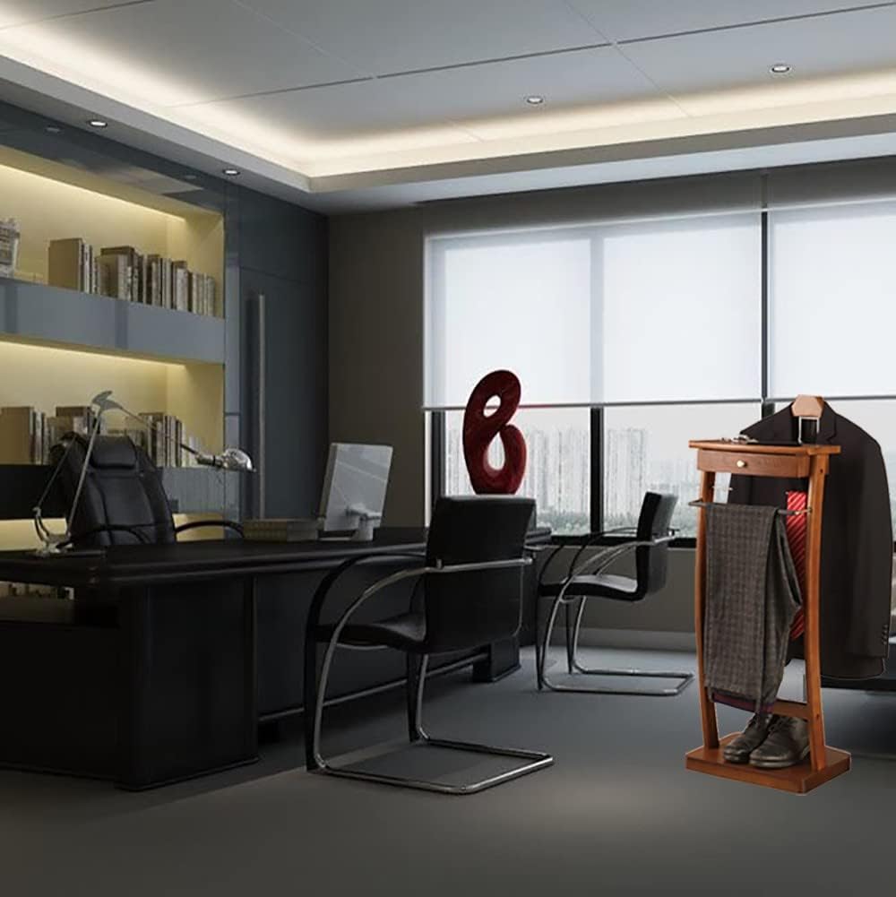 Coat Rack Freestanding Clothes Valet Stand Wardrobe Valet Solid Wood Suit Valet Stand with Trouser Bar Jacket Hanger Tray Organizer Bearing 50Kg for Office Livi