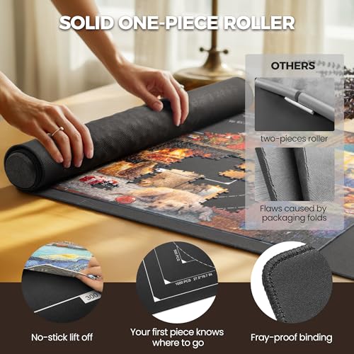 ropoda 1500 Pieces 46\" x 26 \"Puzzle Mat Roll Up, Puzzle Saver with 4 Large Sorting Trays & Travel Storage Bag, Portable Rollup Puzzles Keeper (Black)
