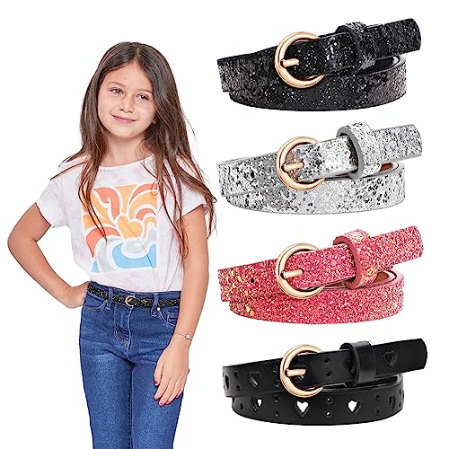 WERFORU 4 Pack 3 Pack Kids PU Leather Skinny Glitter Waist Belt for Girls Boys Child Thin Shiny Waist Belt for Jeans Dress