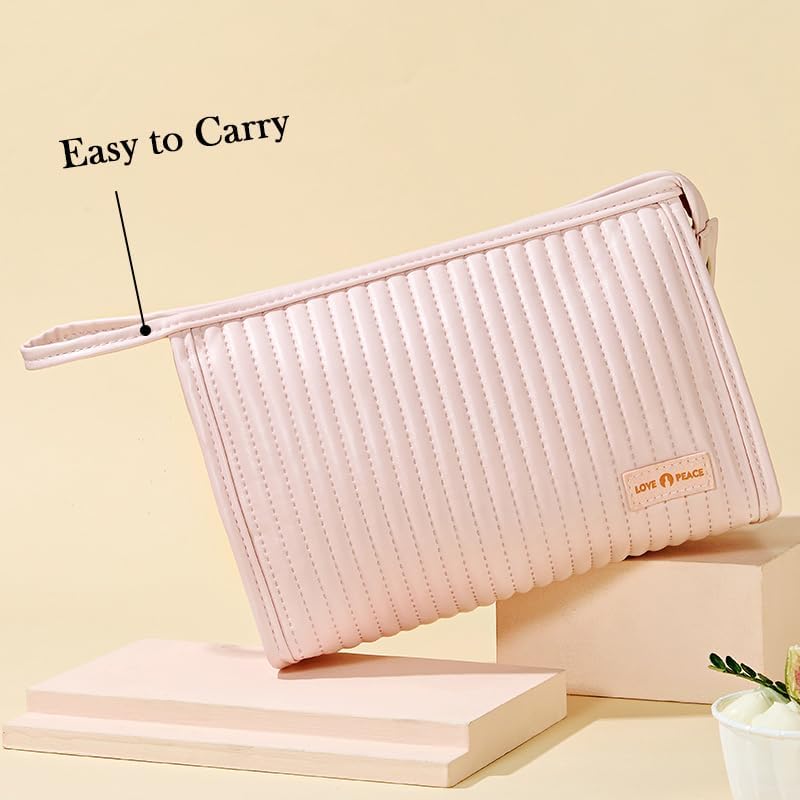 Miniatura 4 de Bolsa de maquillaje para mujer, bolsa grande con cremallera para uso diario, bolsa de cosméticos de piel sintética, bolsa de cuidado de la piel con