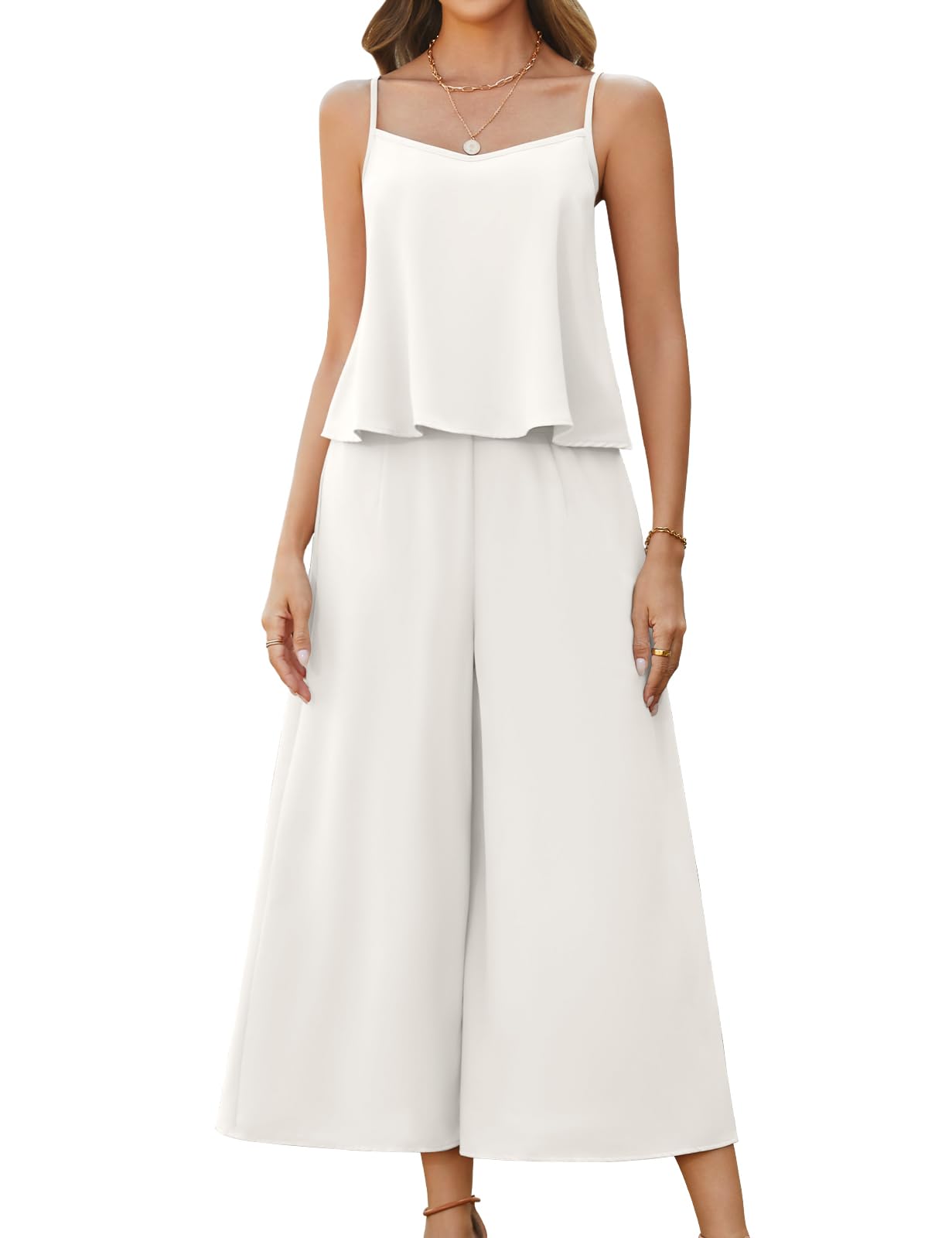 Set di 2 pezzi, da donna, estivo, elegante, fluente, con tasche, per il tempo libero, 2 pezzi