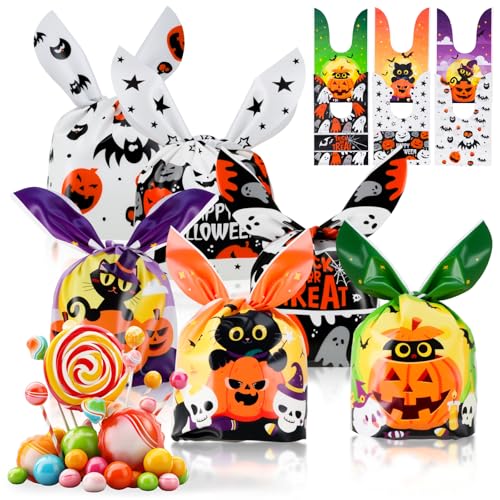 100 Stück Halloween Geschenktüten,Hasenohren-Style als Süßigkeitstaschen & PartyDeko Zubehör Hasenohren Geschenktüten, Süßigkeiten Tüten für Halloween Partyzubehör, H alloween Goodie Bags(6 Muster)