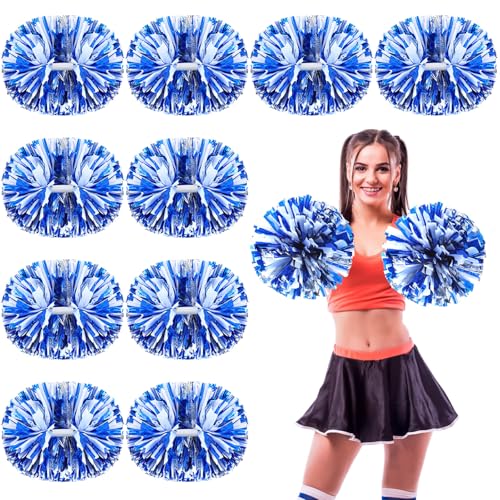 WILLBOND 12pcs Cheerleading Pom Poms with Baton Handle,Blue White Silver