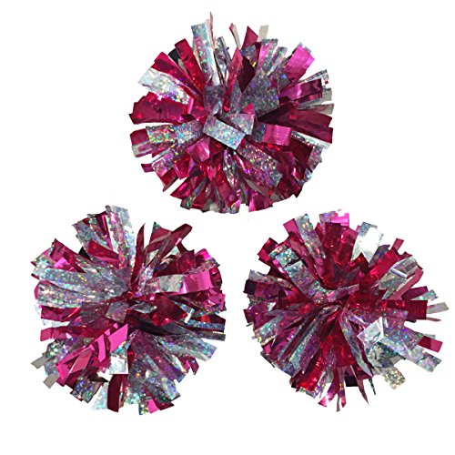 kuugear Set of 3, Wearable 2-Color 2" Metallic Pom Poms for Cheerleading, Team Spirit, Party Costume, Ponytail Holder, Holiday Celebration, and Decor - Holo Silver/Metallic Hot Pink - Thumbnail 2