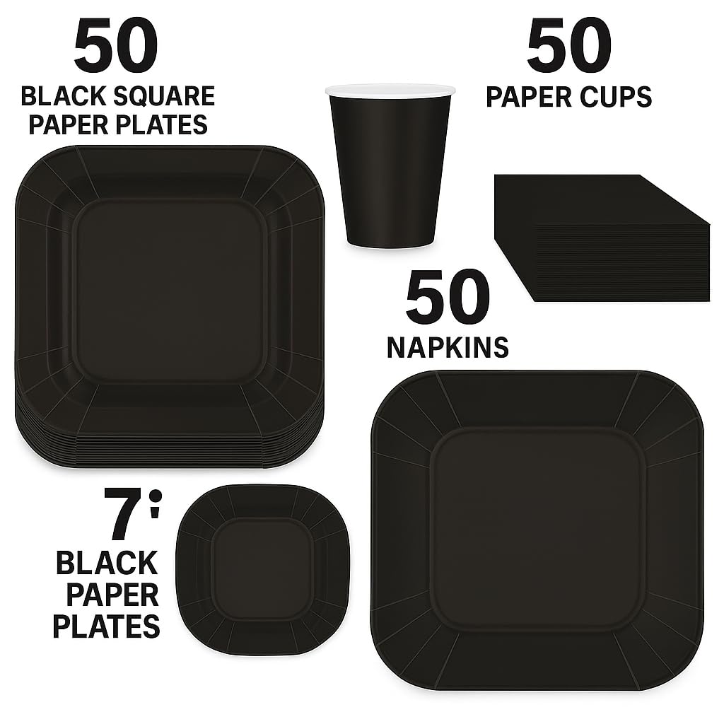 Serviert 50 komplette Party-Pappteller, quadratisch, 22,9 cm, quadratische Pappteller, 17,8 cm, Dessert-Pappteller, 266 ml, 3-lagige Servietten