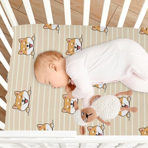 Image of Shiba Dog Stripe Khaki Fitted Crib Sheet for Boys Girls Baby Bedsheet for Toddler,52 X 28 in