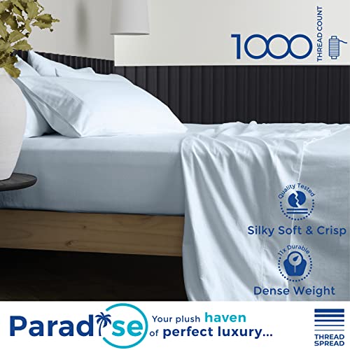 Pure Egyptian Queen Size Cotton Bed Sheets Set (Queen, 1000 Thread Count) Light Blue Bedding And Pillow Cases (4 Pc) –Egyptian Cotton Sheets Queen Size Bed- Sateen Sheets -16” Queen Deep Pocket Sheets #TOP1