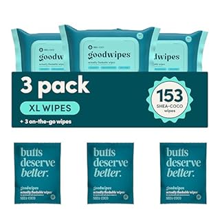 goodwipes Flushable Butt Wipes - Vitamin E & Aloe - Sewer & Septic Safe - Extra Large Adult Wet Wipes For Women & Men - Bathroom Essentials - Shea-Coco, 153 Count (3 Packs + 3 Individually Wrapped)
